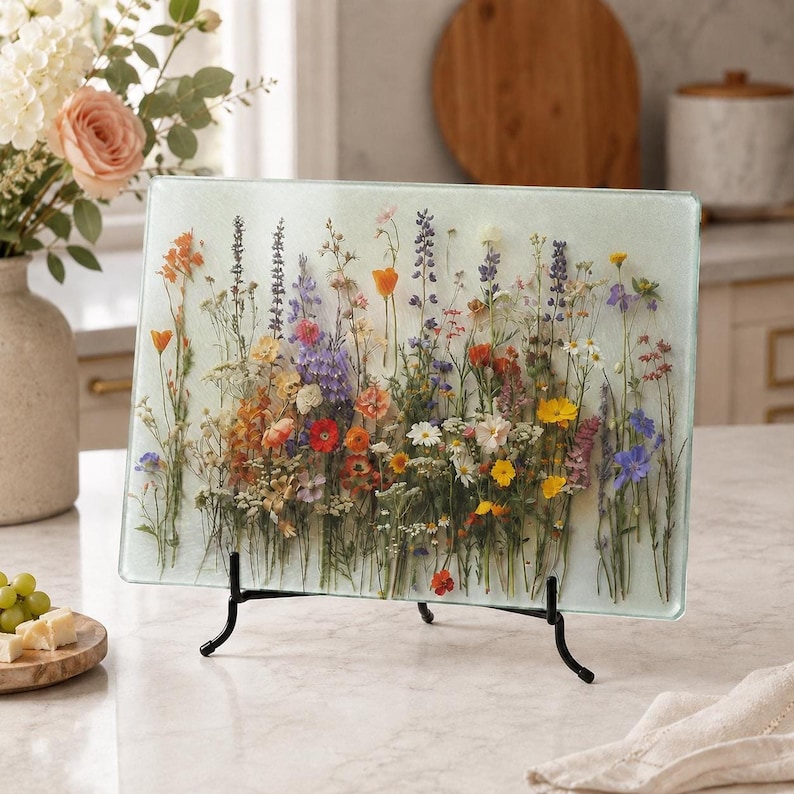 A glass cutting board with a pressed wildflower pattern is displayed on a kitchen counter next to a vase of flowers and a small plate of cheese and grapes.