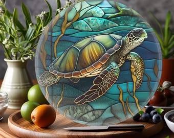 Turtle Cutting Board, Tempered Glass, Turtle Serving Tray, Charcuterie Board, Printed Stained Glass Design, Unique Wedding Gift, Home Chef