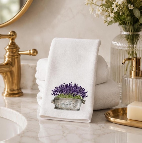 Guest Bath Towel with Lavender Flower Design, Soft Polyester & Cotton Blend