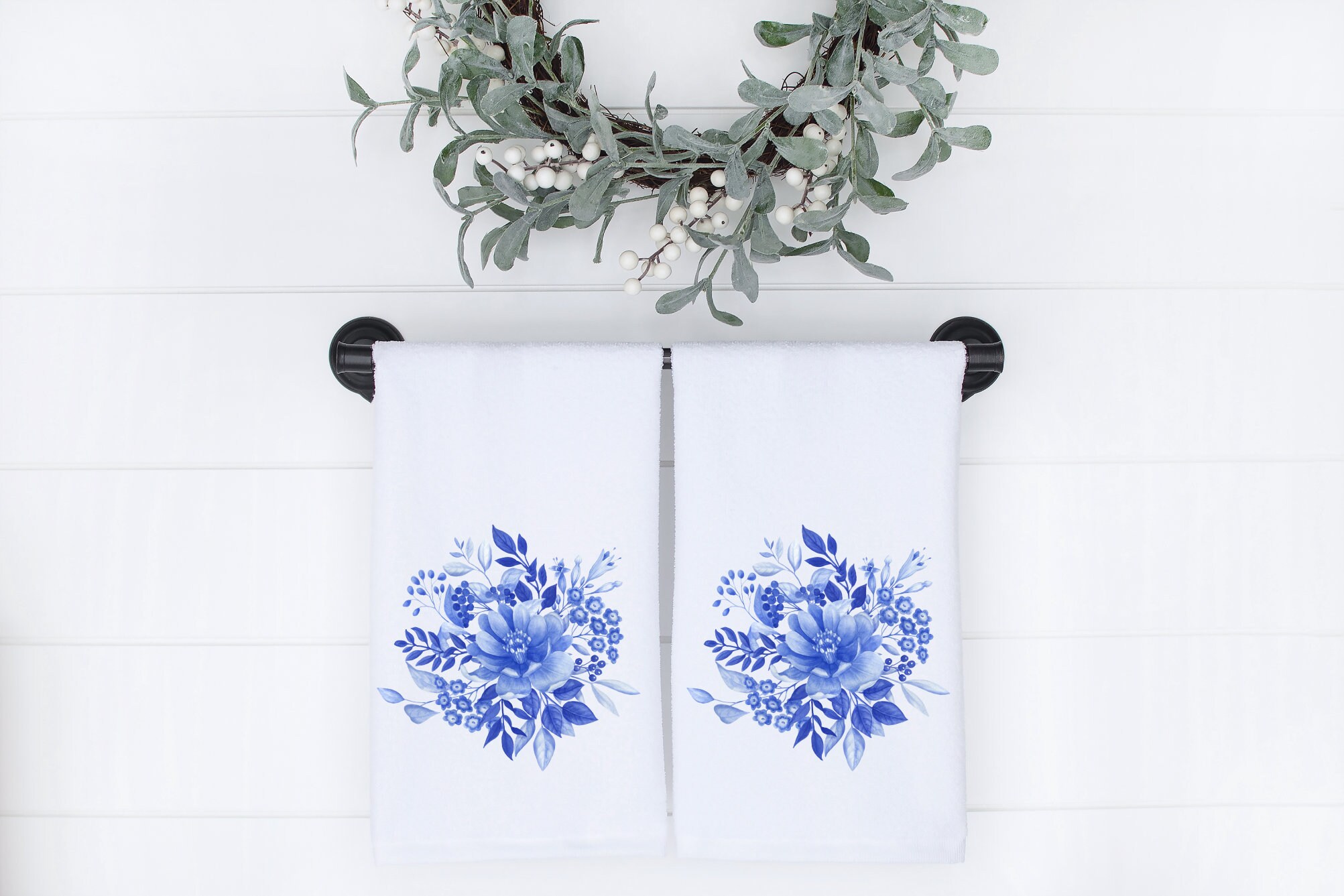 Blue Floral Hand Towel Pair Floral Hand Towels Porcelain Etsy