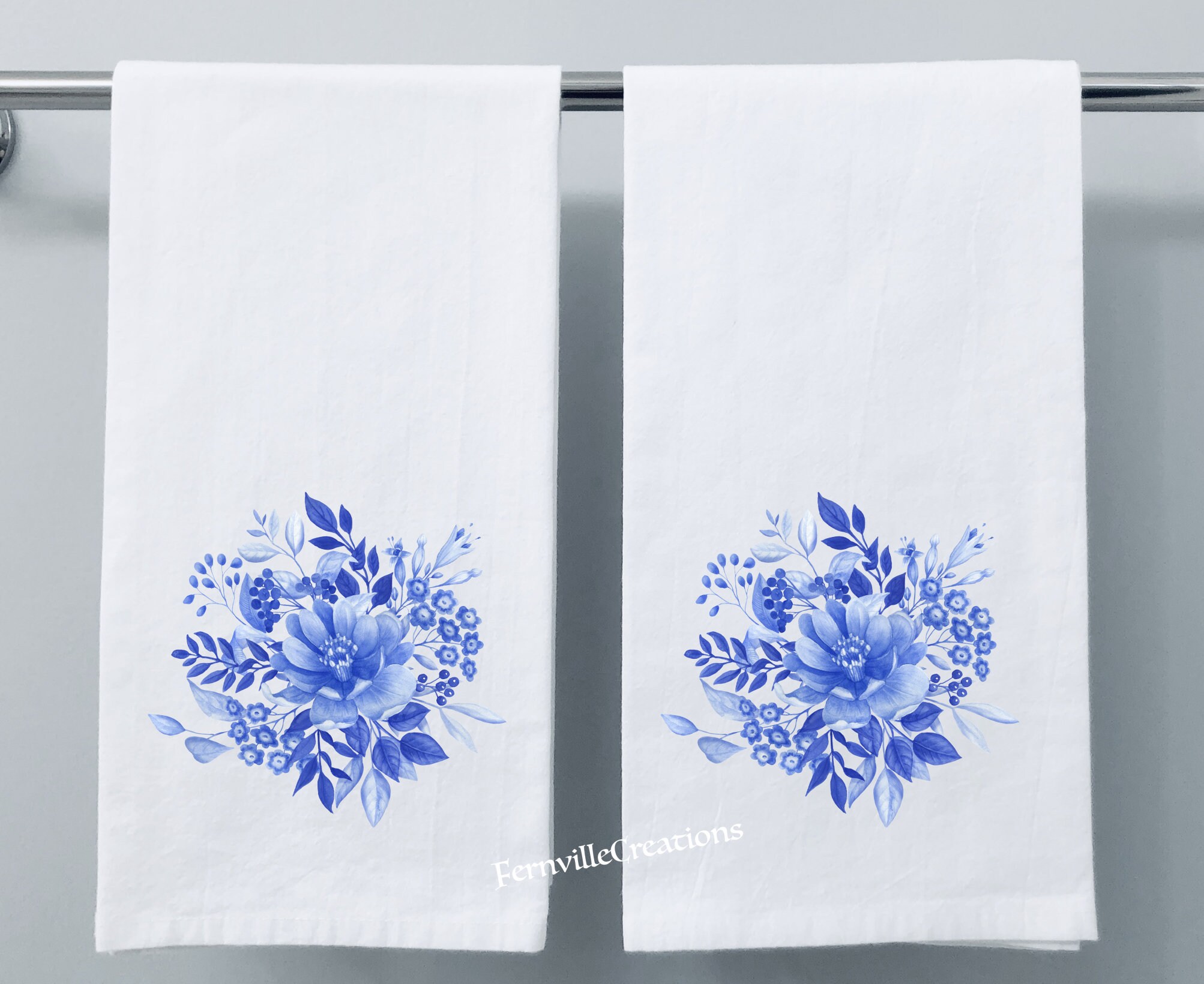 Blue Floral Hand Towel Pair Floral Hand Towels Porcelain Etsy