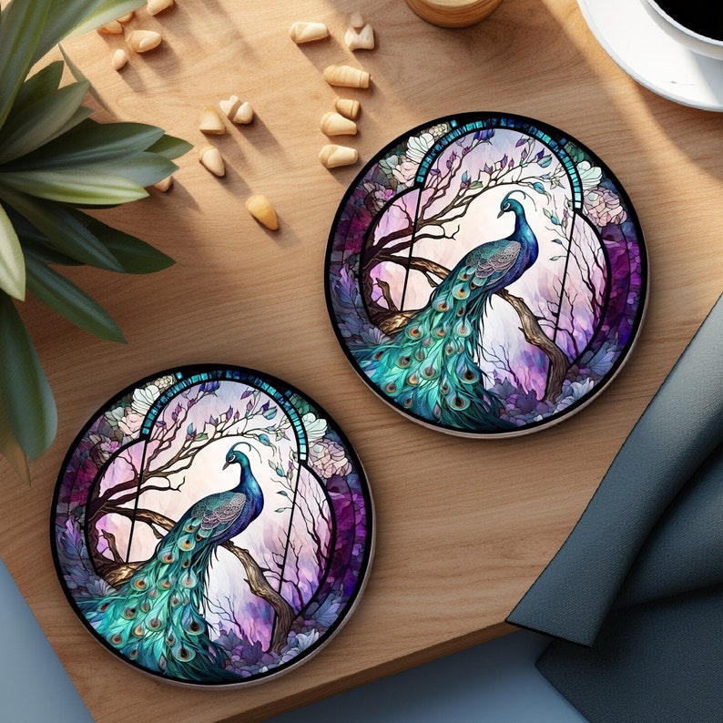 Peacock Coaster, Stained Glass Design, Nature Inspired Home Decor, Ceramic Coaster, Eco-Friendly Home, Coffee Table Decor, Cork Back Coaster image 3