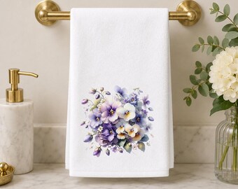 Pansy Hand Towel, Floral Bathroom Decor with Sublimation Design