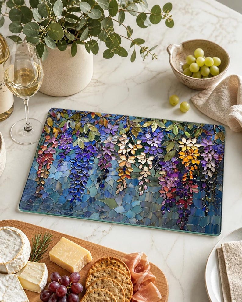 A rectangular glass cutting board with a wisteria art pattern in shades of purple, blue, green, and yellow, surrounded by cheese, crackers, and grapes.
