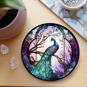 Peacock Coaster, Stained Glass Design, Nature Inspired Home Decor, Ceramic Coaster, Eco-Friendly Home, Coffee Table Decor, Cork Back Coaster image 6