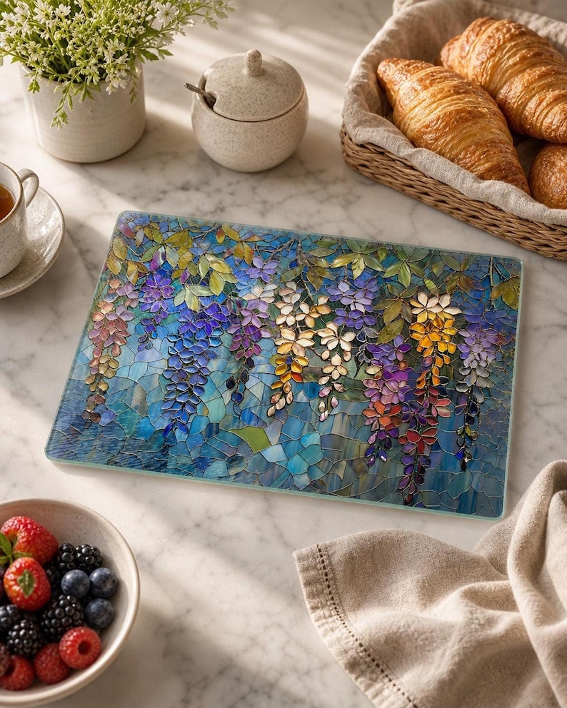 A rectangular glass cutting board with a stained-glass wisteria design is on a white marble counter, with a bowl of berries and a basket of croissants nearby.