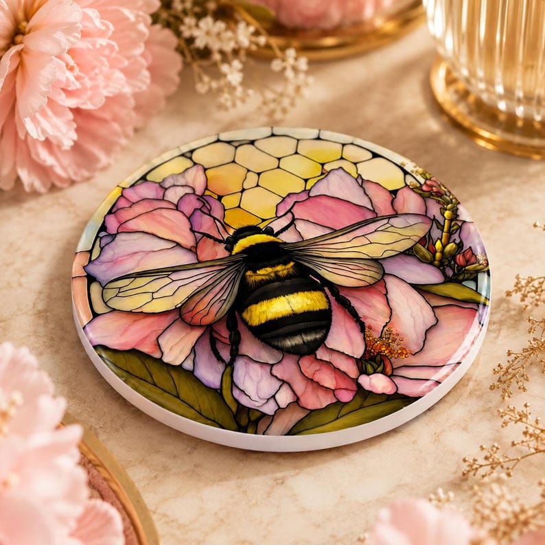 A circular ceramic coaster featuring a stained-glass style illustration of a bumblebee on pink flowers against a yellow honeycomb background.