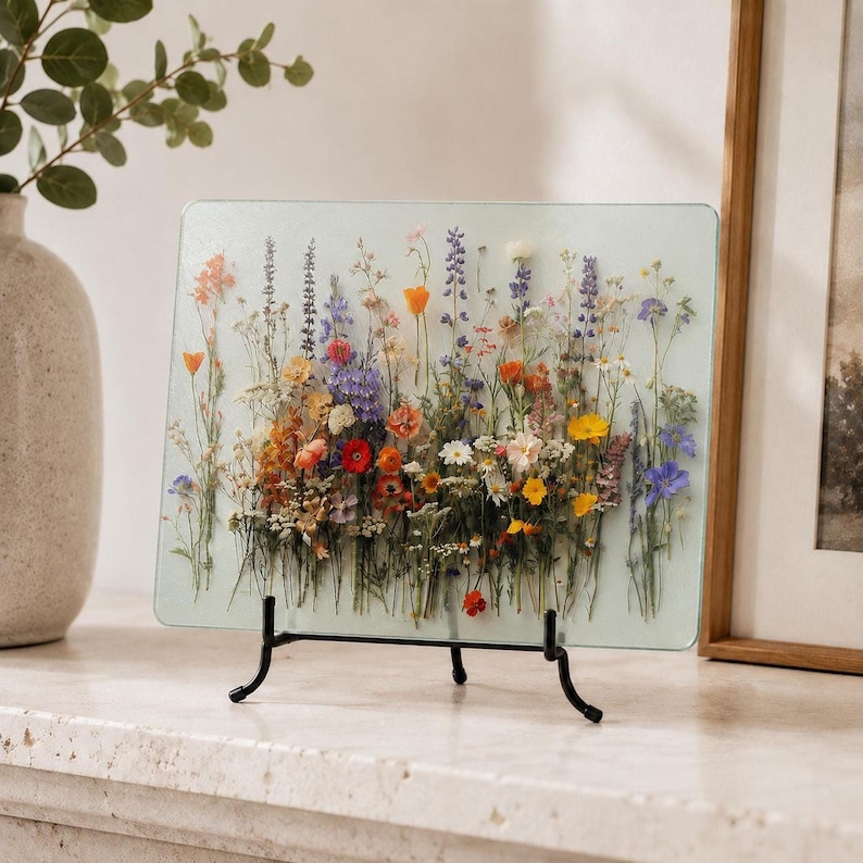 A rectangular glass cutting board with colorful pressed flowers stands upright on a black display easel on a stone mantle.