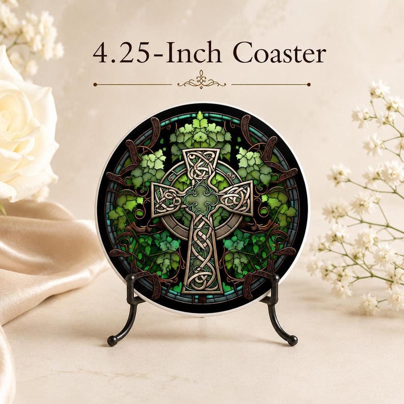 A 4.25-inch ceramic coaster with a green Celtic cross and ivy design, displayed upright on a black metal stand, with white roses in the background.