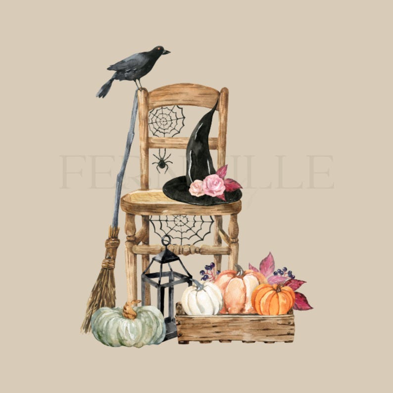 May include: A watercolor illustration featuring a wooden chair with spiderwebs, a black witch hat with pink roses, a black crow, a broom, a black lantern, and a wooden crate filled with orange and white pumpkins and dark berries.