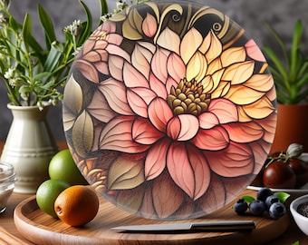 Glass Cutting Board, Dahlia Flower Design, Stained Glass Style, 12-Inch Round Charcuterie Board, Unique Wedding Gift, Foodie Kitchen Decor