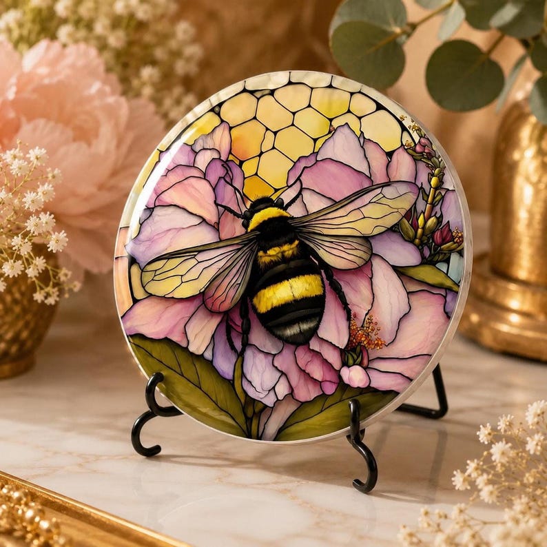 A round ceramic coaster featuring a bumblebee on pink flowers, standing upright on a black metal display easel.