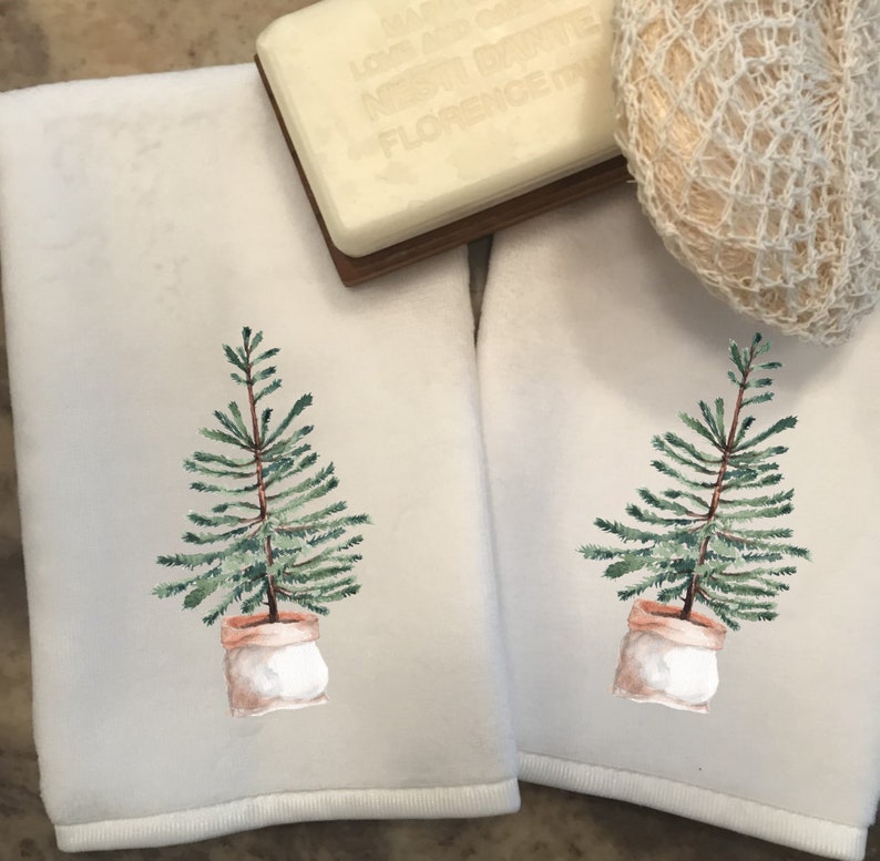 Tree Fingertip Towels, Guest Tea Towels, Decorative Tea Towels, Green Bath Decor, Kitchen Tea Towels, Winter Tea Towels, Holiday Tree Towels image 2