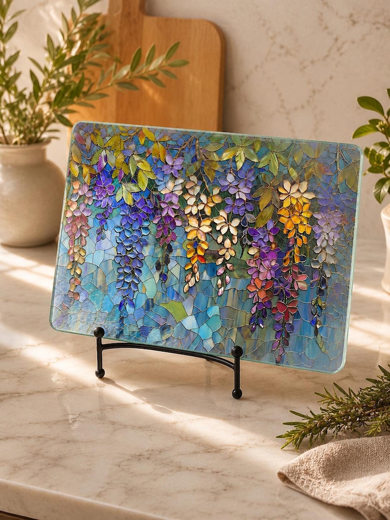 A rectangular glass cutting board with a stained-glass wisteria design stands upright on a black metal display stand on a white marble counter.