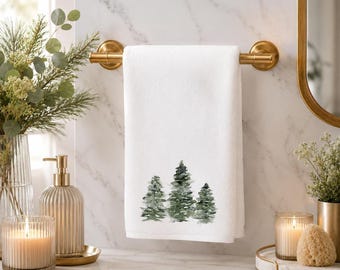 Evergreen Tree Hand Towel, Pine Forest Bathroom Decor, Woodland Guest Bath Accent, Nature Gift