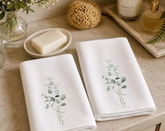 Eucalyptus Towel Set, White Botanical Hand for Spa Bathroom Decor