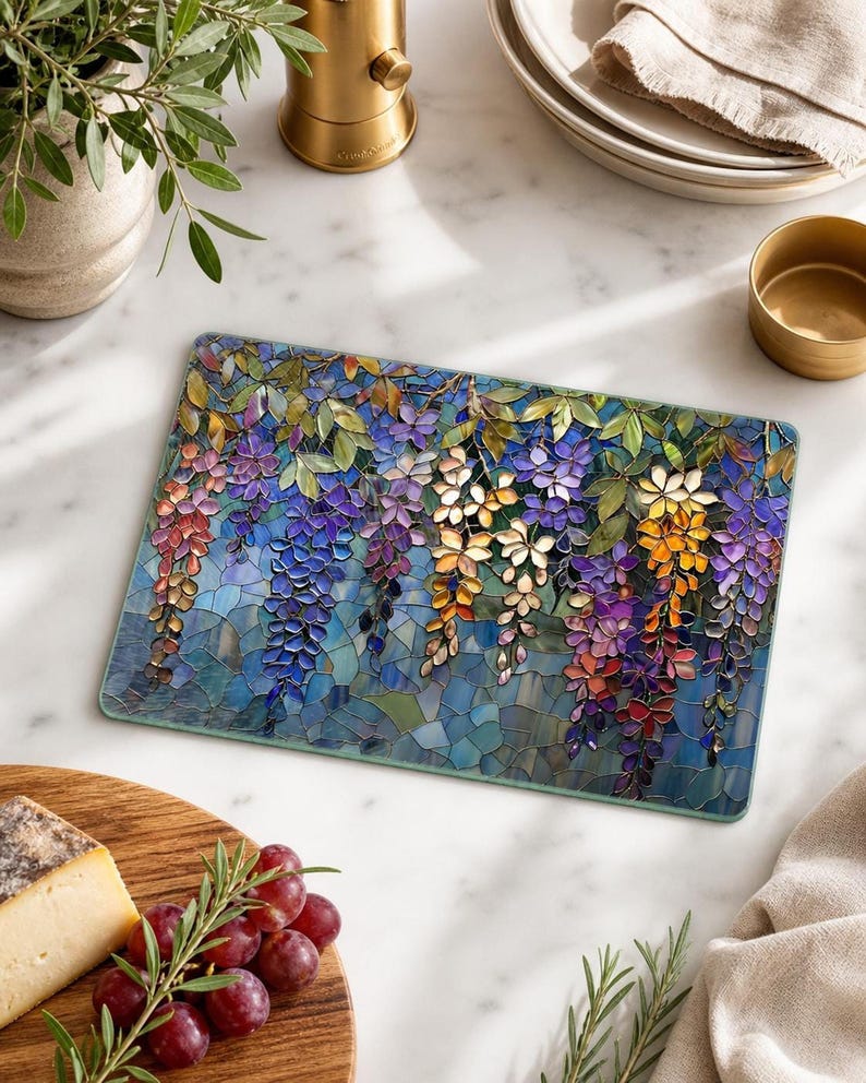A rectangular glass cutting board with a stained-glass wisteria design is on a wooden surface, with a wedge of cheese and red grapes in the foreground.