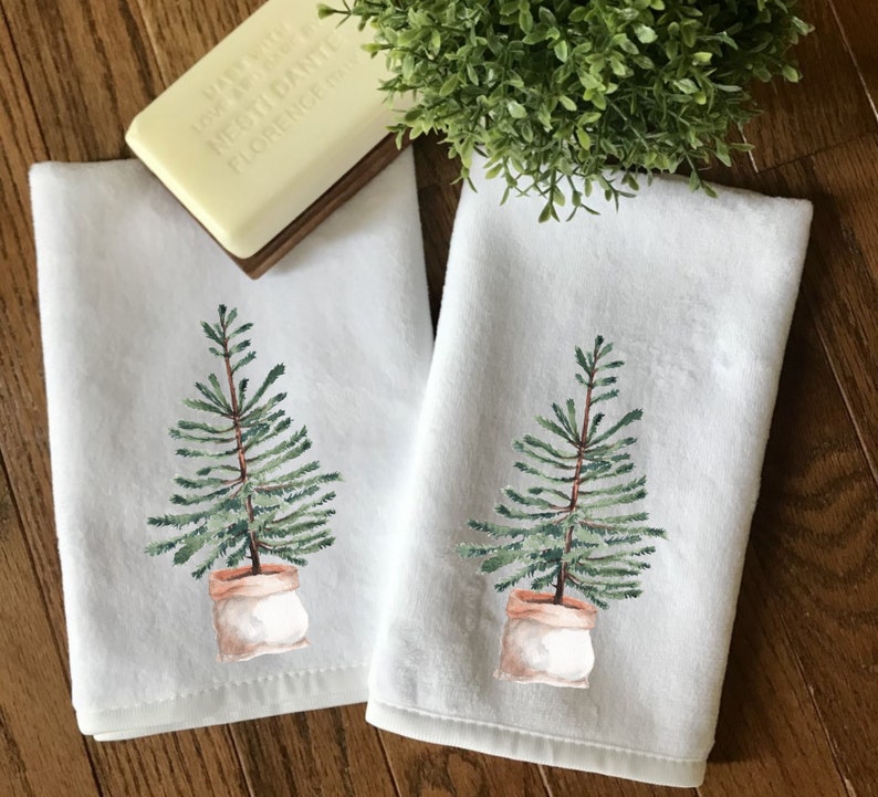 Tree Fingertip Towels, Guest Tea Towels, Decorative Tea Towels, Green Bath Decor, Kitchen Tea Towels, Winter Tea Towels, Holiday Tree Towels image 6