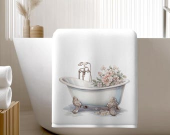 Vintage Bath Towel with Floral Design, Elegant Home Decor