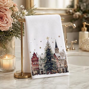 Christmas Village Fingertip Towel, Holiday Guest Towel, Winter Bathroom Decor