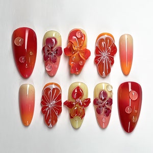 Summer Blossom Press On Nails, Tropical Sunset 3D Gel Floral Ombre Nail Art, Custom Handmade Floral Nails, Dreamy Orange  Nails, Fake Nails