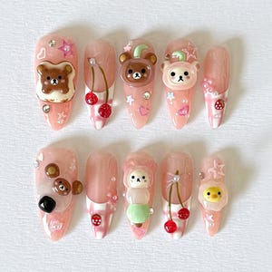 3D Rilakkuma Press On Nails with Cherry, Pastel Kawaii Bear Nails, Japanese Kawaii Nails, Rilakkuma Inspired 3D Acrylic Nails, Cute Nails