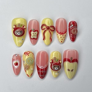 Kawaii Apple Rilakkuma Press On Nails, Custom Bear-Themed Nails, Apple and Bear on Fake Nails, Cartoon Bear Nails, Kawaii Nails, Apple Nails