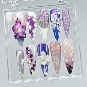 Purple Orchid Press On Nails, Purple Chrome Floral Nail Art, Handmade Purple Nails, Luxury Floral Chrome Nails, Handmade False Nails