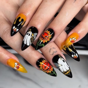 Halloween Ghost Bee Press On Nails, Spooky Pumpkin Sunflower Nail Art, Pumpkin Bee Fake Nails, Fall Festival Press Ons, Halloween nails
