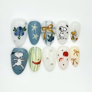 Uñas de Snoopy con dibujos animados, uñas postizas personalizadas con dibujos animados, diseño de uñas de Snoopy, uñas postizas bonitas y creativas, uñas reutilizables, uñas postizas.