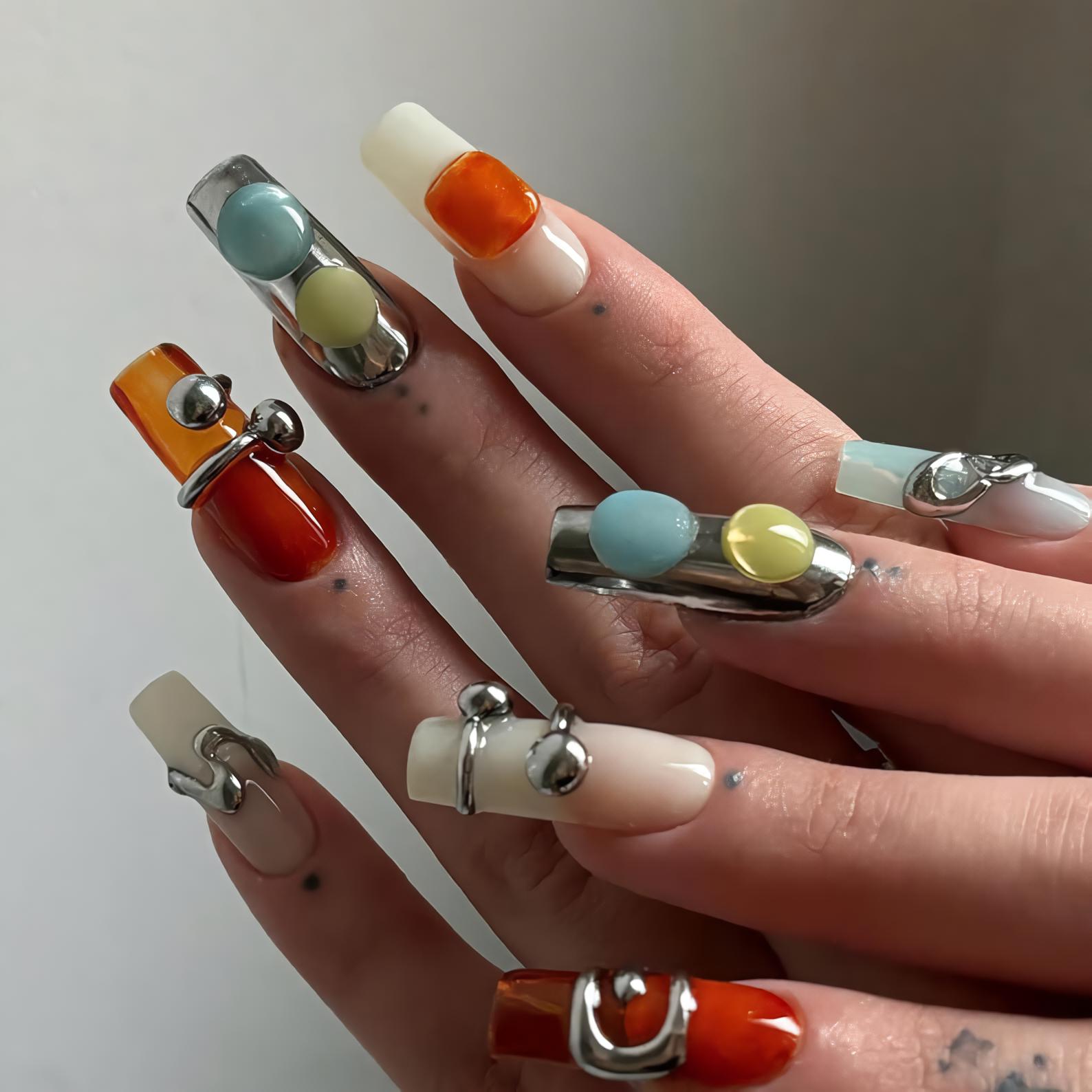 Edgy Metallic Press On Nails, 3D Silver & Resin Nail Art, Unique Industrial Metal Fake Nails |Industrial Chic Nails, Y2k Nails, Gothic nails