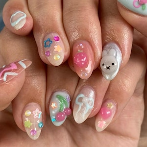 Strawberry Berry Pinnky Almond Press On Nails, 3D Cute Miffy Nails, Fairycore Fake Nails, Dreamy Nails for Birthday Vacation Holiday GB14