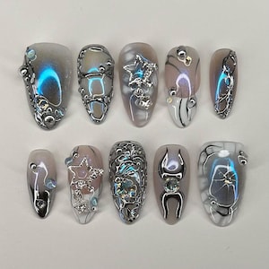 Glamorous Silver Chrome Press On Nail , Elegant 3D Star and Metal Frame Design On Fake Nails, nails press on, winter nails, press ons