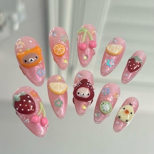 3D Rilakkuma Press On Nails with Cherry, Kawaii Pink Fake Nails with Bear, Cute Character & Fruit Nail Art, Acrylic Nails, Fruit Nails