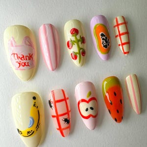 Fruit Garden Kawaii Press On Nails, Hand-Painted Watermelon Summer, Strawberry & Citrus Nail Art, Vegan-Friendly Nail Designs, Picnic Nails