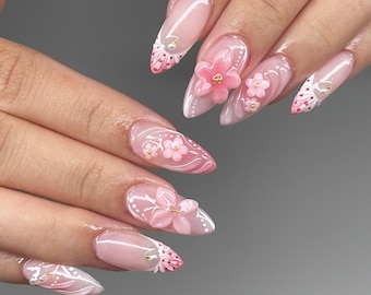 Pink Floral Press On Nails, Summer 3D Flower Almond Nails, Handmade Cute Girly Nail Set for Vacation & Daily Wear
