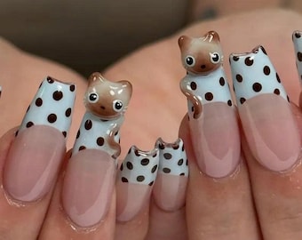 かわいい猫のフレンチプレスネイル、白黒猫のネイルアート、猫好きの