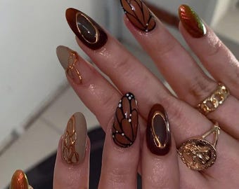 Elegant Brown Gradient Press On Nails, press on nails fall, Sophisticated Butterfly Nail Art, Chic Brown Acrylic Nails Fall Nails, Press Ons