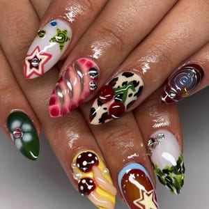 Colorful Press On Nails, 3D Mixed Design Nail Set, Handmade Playful Nails, Cherry Nails, Star & Swirl Nails, Birthday Hoilday Nails