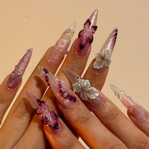 Purple Butterfly Press On Nails, Handmade Purple Ombre Nail Art, Elegant 3D Floral Design Fake Nails, 3D Floral False Nails