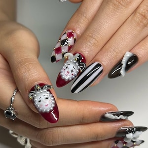 Pierrot themed Press On Nails,  Handmade 3D Harlequin & Clowncore Nail Art, Artistic Clown-Themed, Gothic nails, circus nail designs
