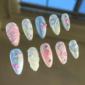 Cute Pastel 3D Press On Nails, 3D Cherry and Strawberry Nail Art, Custom Pastel Press-On Nails,  Reusable Nails, Dreamy Nails, Press Ons