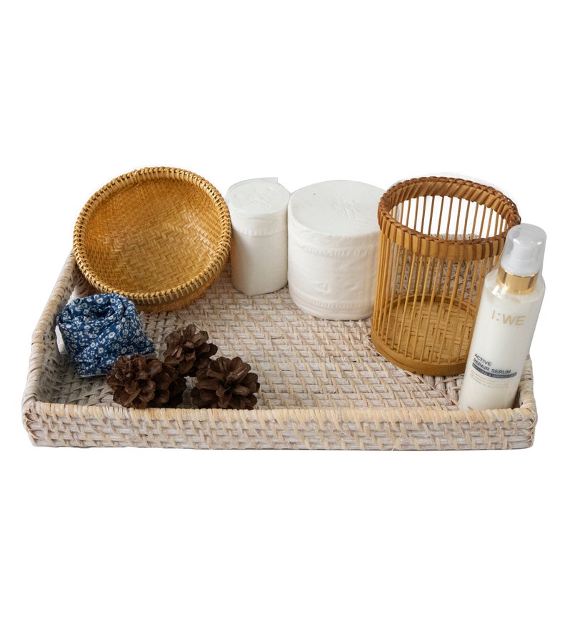 Tea Party Farmhouse Rattan Woven Rectangle Tray 12x17 Kitchen Counter Bar Serving Platter Wicker Serving Tray w Handles | Coffee Table