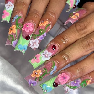 Colorful Garden Ladybug Press On Nails, 3D Pastel Flower Nails, Cute Spring with Ladybugs, Handmade Garden Nails,  Long Square summer nails
