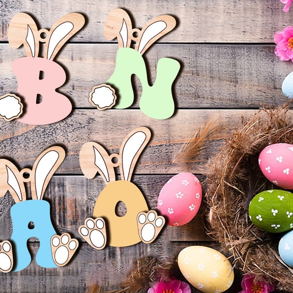 Bunny Ears Letters Easter Basket Tags SVG, A-Z Bunny Alphabet Svg, Easter Rabbit Initials Laser Cut File Glowforge Digital Download