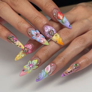 Spring 3D Floral Nails, Secret Garden Press on Nails, Pastel Blossom Tulip Flower Fake Nails, Tropical Nail Art, Hand-Painted  Flower Nails