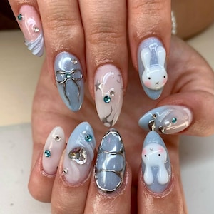 Cute Miffy Press On Nails, Handmade Cartoon Bunny Nail Art, Kawaii Bunny Press-On Nails – Blue & White Miffy Nail Set, Cute Nails