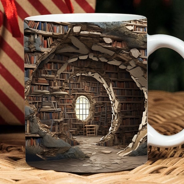 3D Book Mug Wrap, 3D Bookshelf Mug Wrap Sublimation Design PNG, 3D Book Lover Mug Wrap, 11oz and 15oz Coffee Mug Wrap