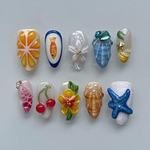 Summer Beach Press On Nails, Handmade 3D Fruit & Ocean Nails , 3D Seashell Starfish Nail Art, Tropical Vacation Press On Nails, Summer nails