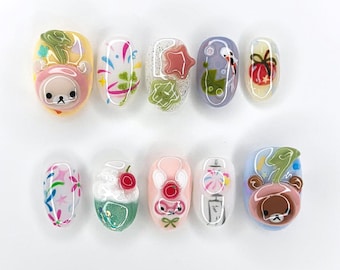 Rilakkuma Inspired Press On Nails, Kawaii Cartoon Nail Art, Cute Bear Summer Nail Set, Kawaii Cartoon Nail Art, Cute Bear Summer Nail Set